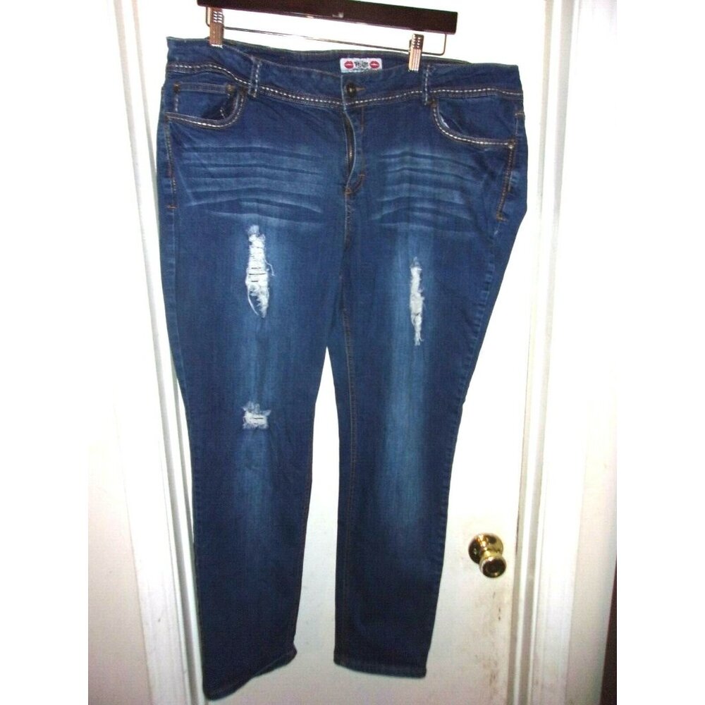 WAM What About Me Denim Blue Jeans Destroyed Embroidered Beaded Pockets 24W